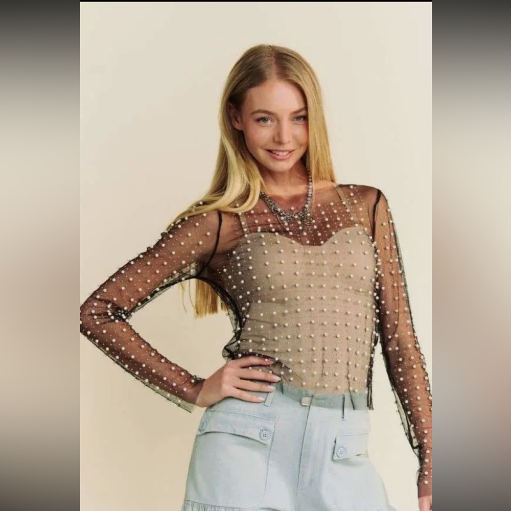 BEAD AND PEARL EMBELLISHED LONG SLEEVES MESH TOP